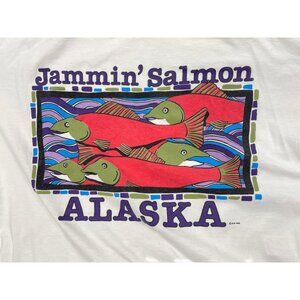 Vintage 80s Jammin' Salmon Alaska Fish T-Shirt Hanes USA Fishing Tee Men's 2XL